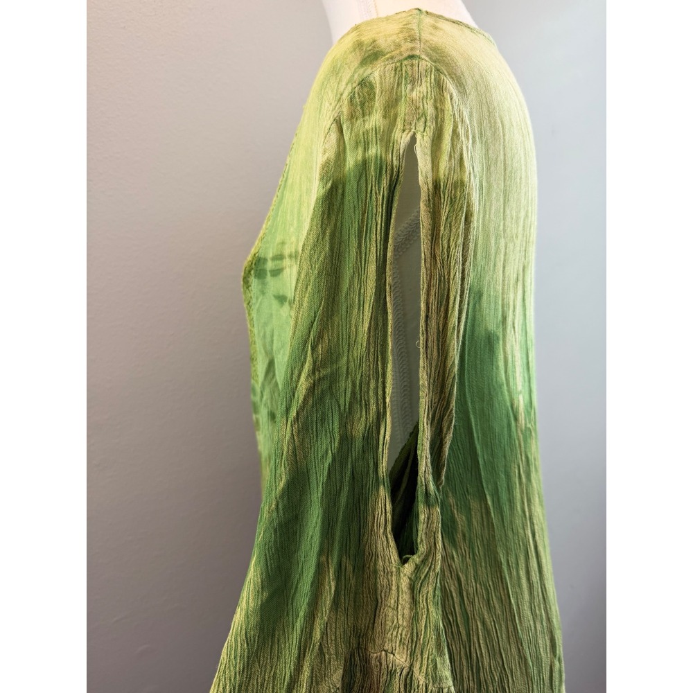 M/L Green Tie Dye Boho Crochet Lace Tassel Midi Dress Lagenlook Fairy Flowy Tier - Picture 3 of 7